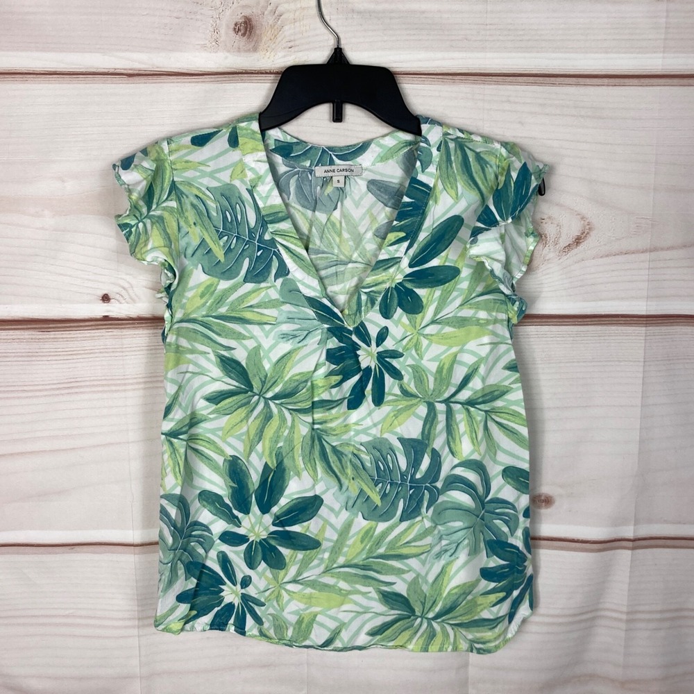 Anne Carson Top Womens S Green Leaf‎ Print Blouse V-Neck Flutter Sleeve Pullover